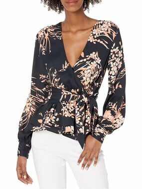 Joie Arin Black Wrap Blouse with Peach Floral Print